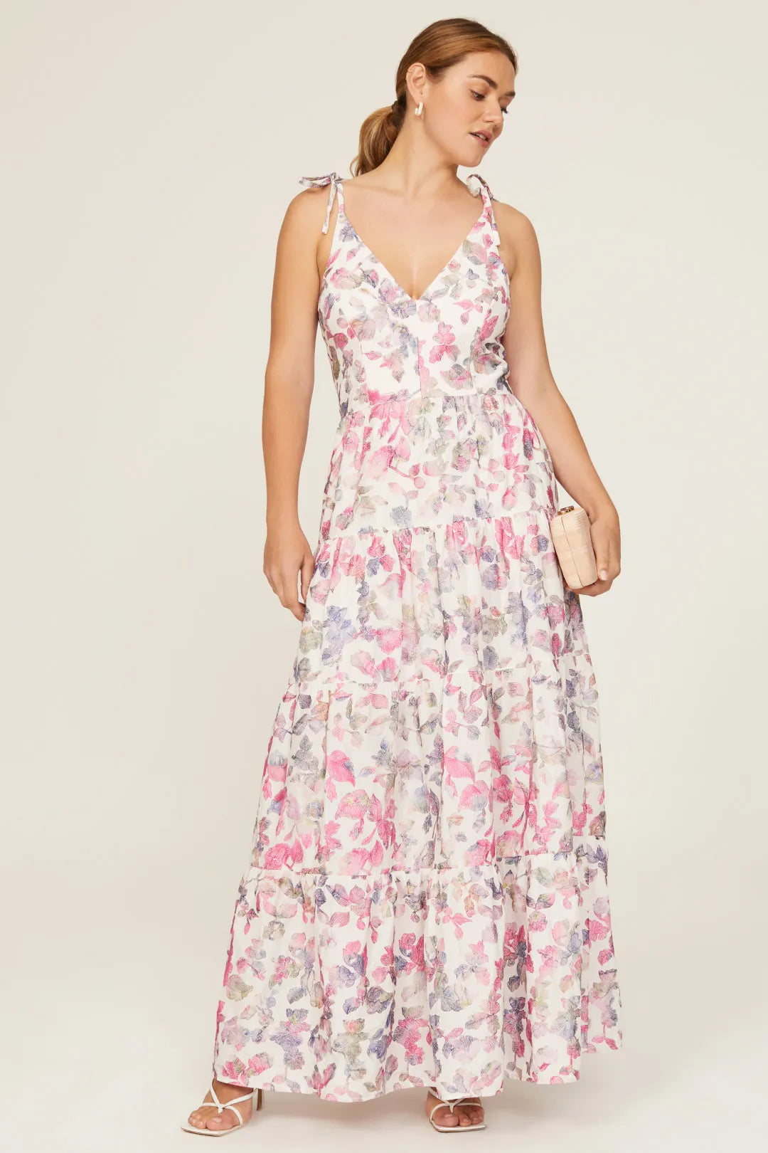 Romantic Floral Print Tiered A-Line V-Neck Tie Strap Backless Floor-Length Prom Dress