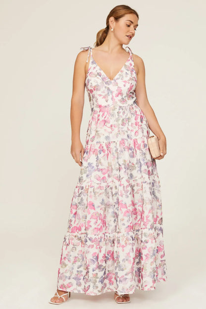 Romantic Floral Print Tiered A-Line V-Neck Tie Strap Backless Floor-Length Prom Dress