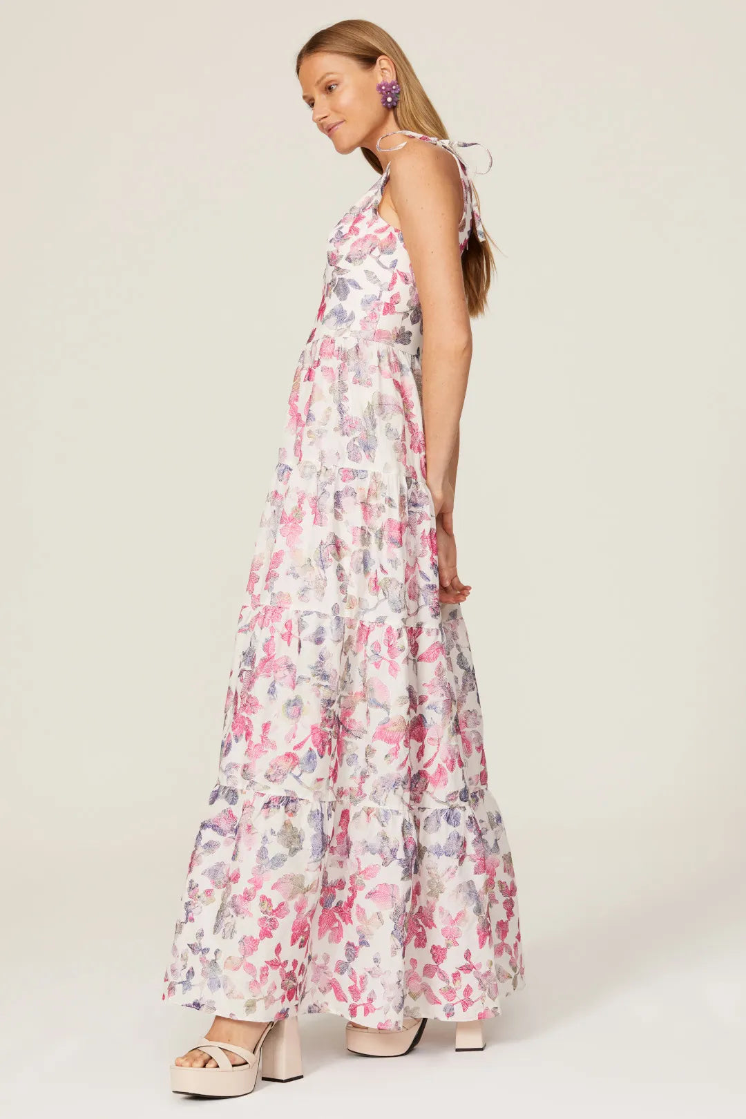 Romantic Floral Print Tiered A-Line V-Neck Tie Strap Backless Floor-Length Prom Dress