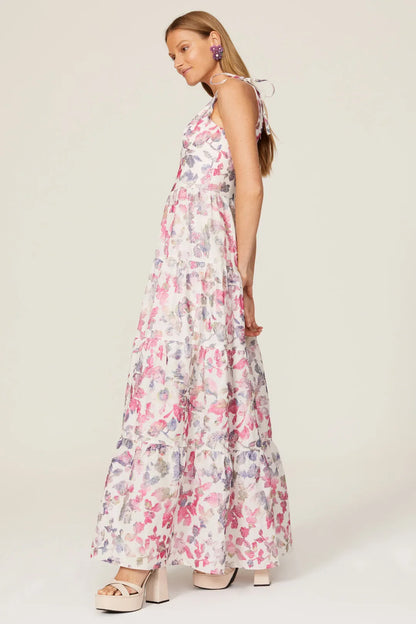 Romantic Floral Print Tiered A-Line V-Neck Tie Strap Backless Floor-Length Prom Dress