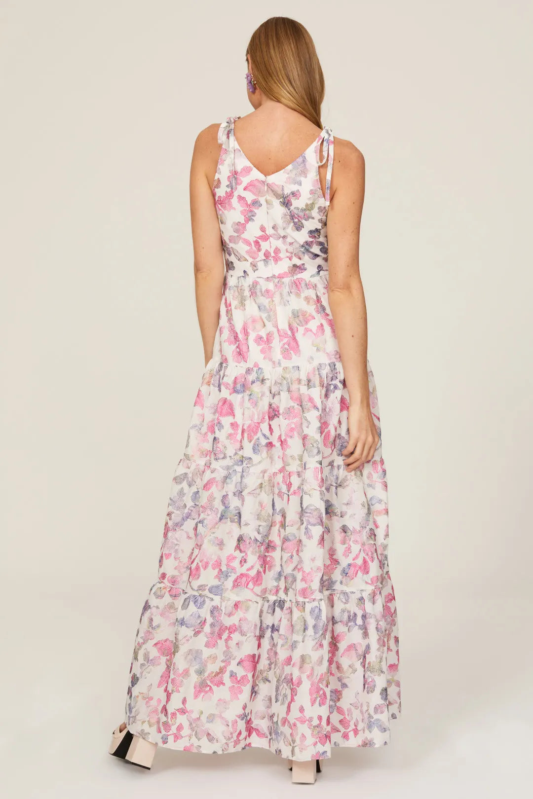 Romantic Floral Print Tiered A-Line V-Neck Tie Strap Backless Floor-Length Prom Dress