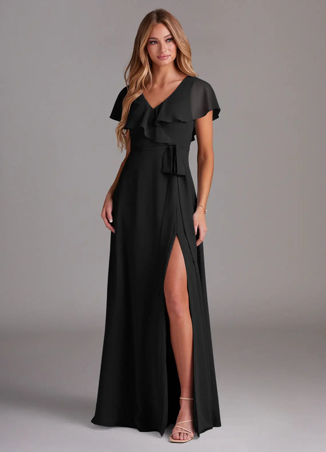 Romantic chiffon V neck floor length bridesmaid dress with ruffled cape sleeves, self-tie sash and high slit