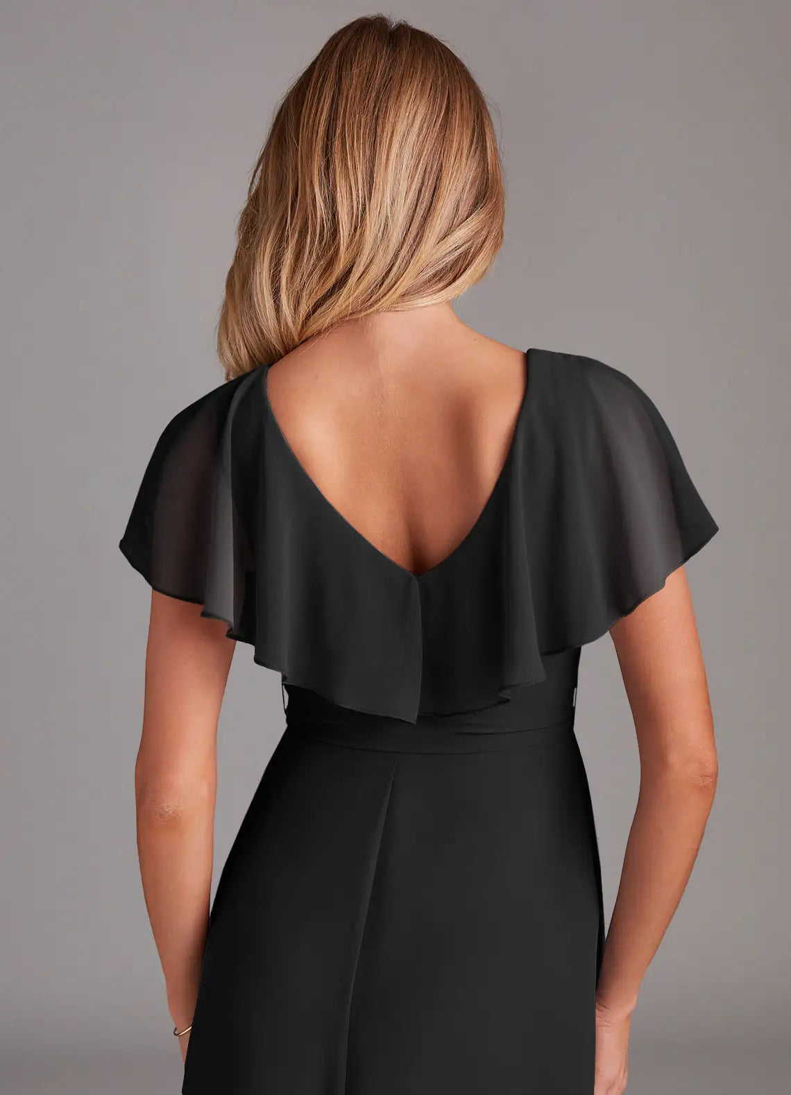 Romantic chiffon V neck floor length bridesmaid dress with ruffled cape sleeves, self-tie sash and high slit