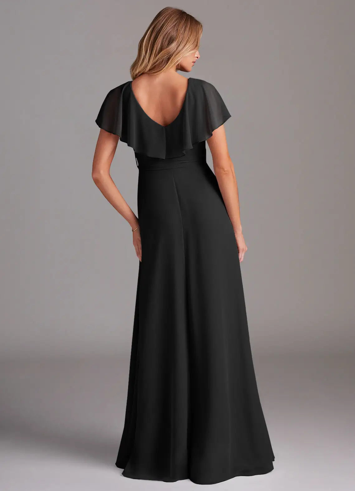 Romantic chiffon V neck floor length bridesmaid dress with ruffled cape sleeves, self-tie sash and high slit