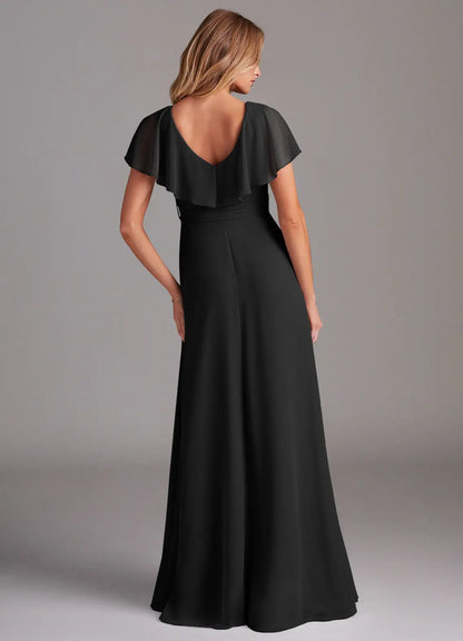 Romantic chiffon V neck floor length bridesmaid dress with ruffled cape sleeves, self-tie sash and high slit