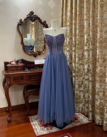 Classy Blue Strapless Tulle Sequin Beaded A Line Long Birthday Party Dress Evening Dress SP1610