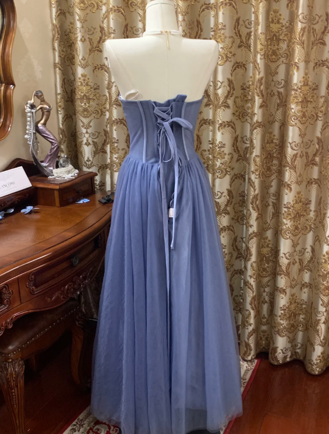 Classy Blue Strapless Tulle Sequin Beaded A Line Long Birthday Party Dress Evening Dress SP1610