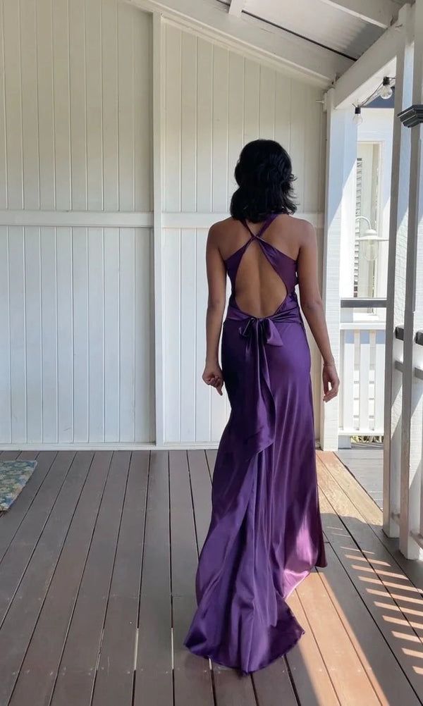 V-neck purple satin and floor length prom dresses evening gown