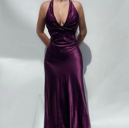 V-neck purple satin and floor length prom dresses evening gown