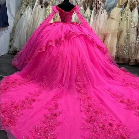 3D Flower Appliques Quinceanera Dresses Luxury Beads Cape Sleeve Prom Ball Gowns Puffy Princess Dress