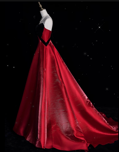 Sexy Ball Gown Strapless Red Satin Evening Gowns Long Prom Dresses