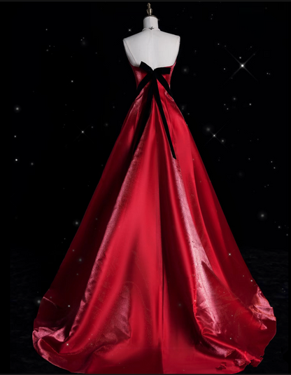 Sexy Ball Gown Strapless Red Satin Evening Gowns Long Prom Dresses