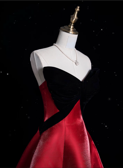 Sexy Ball Gown Strapless Red Satin Evening Gowns Long Prom Dresses