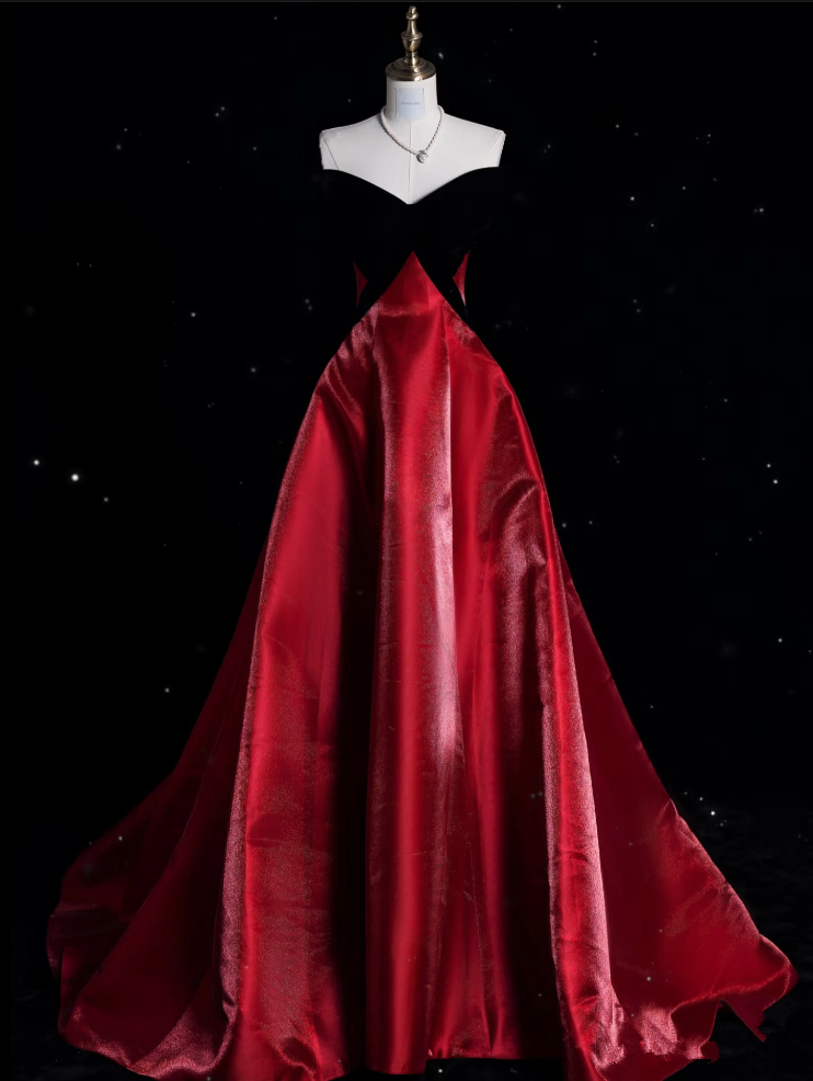 Sexy Ball Gown Strapless Red Satin Evening Gowns Long Prom Dresses