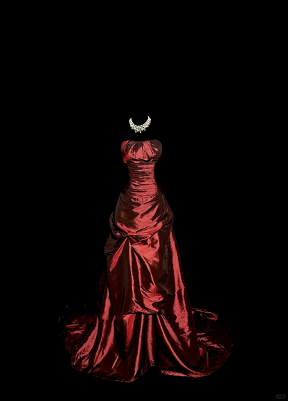 Aesthetic Ball Gown Strapless Burgundy Taffeta Prom Dress Ruffle Long Party Dress