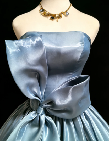 Cute Blue Strapless Bow Satin Ball Gown Formal Birthday Party Dress SP1585