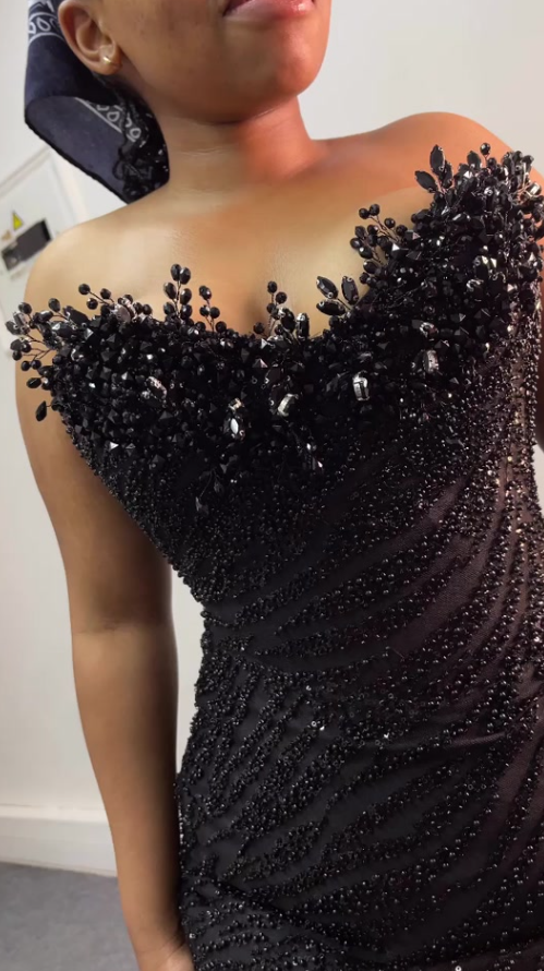 Glitter Black Strapless Sequin Beaded Mermaid Evening Dress Formal Birthday Party Gown