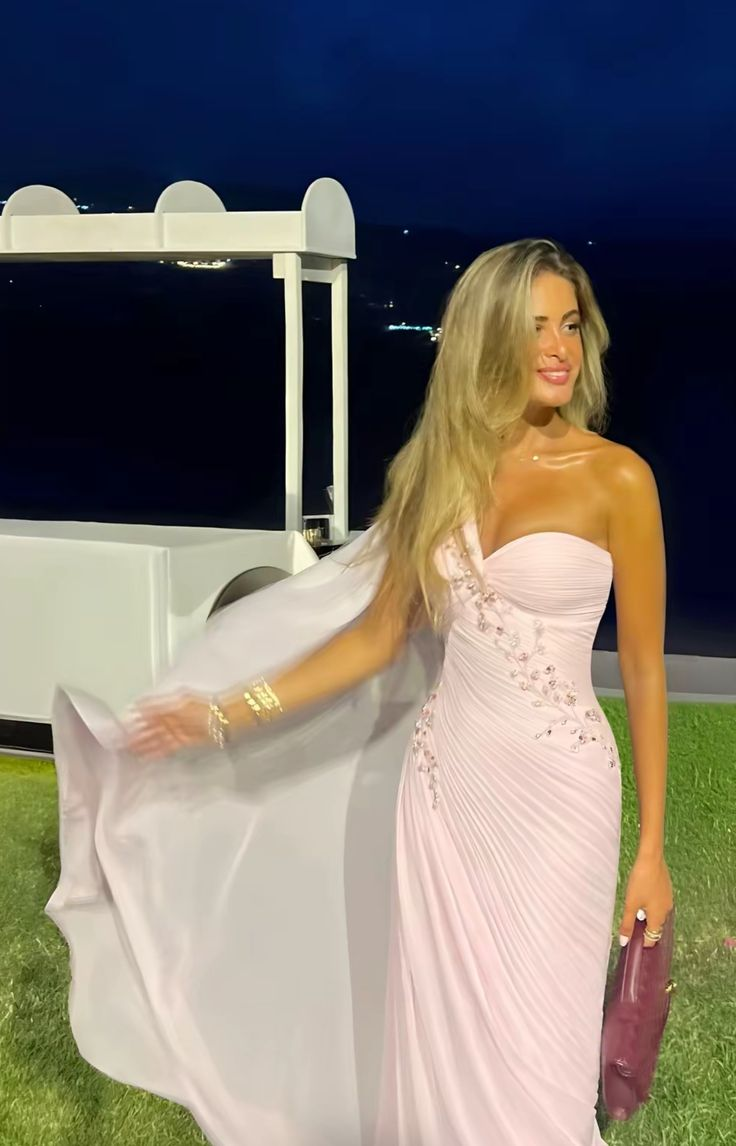Pretty One Shoulder Pink Chiffon Beaded Prom Gown Long Wedding Guest Dress