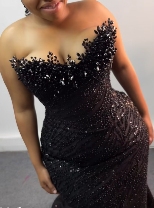 Glitter Black Strapless Sequin Beaded Mermaid Evening Dress Formal Birthday Party Gown