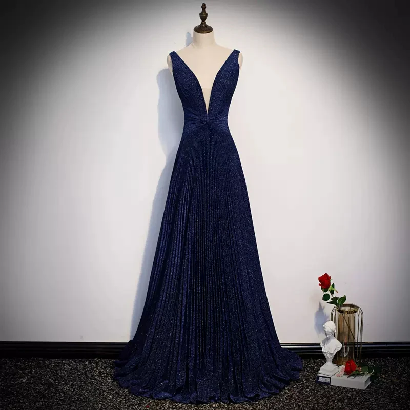 Sparkling A Line Glitter Gown Deep V Neck Sleeveless Open Back Floor Length Evening Dresses