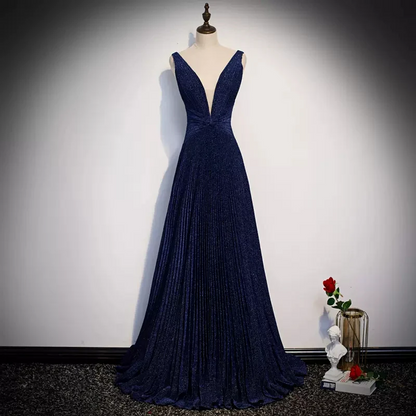 Sparkling A Line Glitter Gown Deep V Neck Sleeveless Open Back Floor Length Evening Dresses