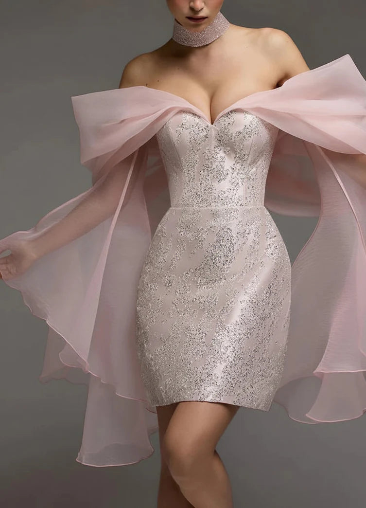 Sparkling Sequin Satin Sheath Sweetheart Off-the-Shoulder Open Back Short Homecoming Dresses