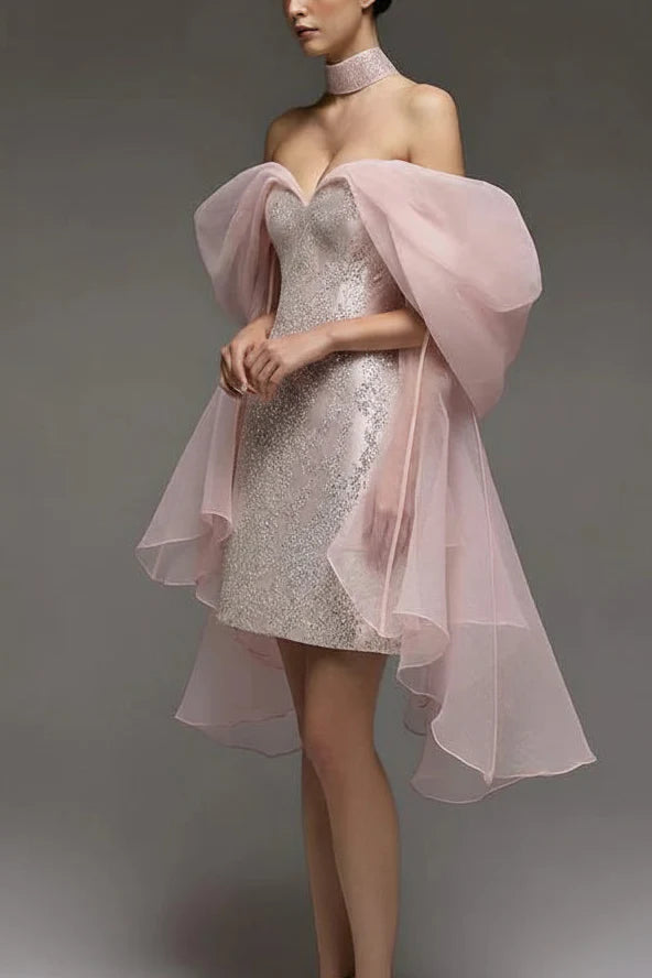 Sparkling Sequin Satin Sheath Sweetheart Off-the-Shoulder Open Back Short Homecoming Dresses