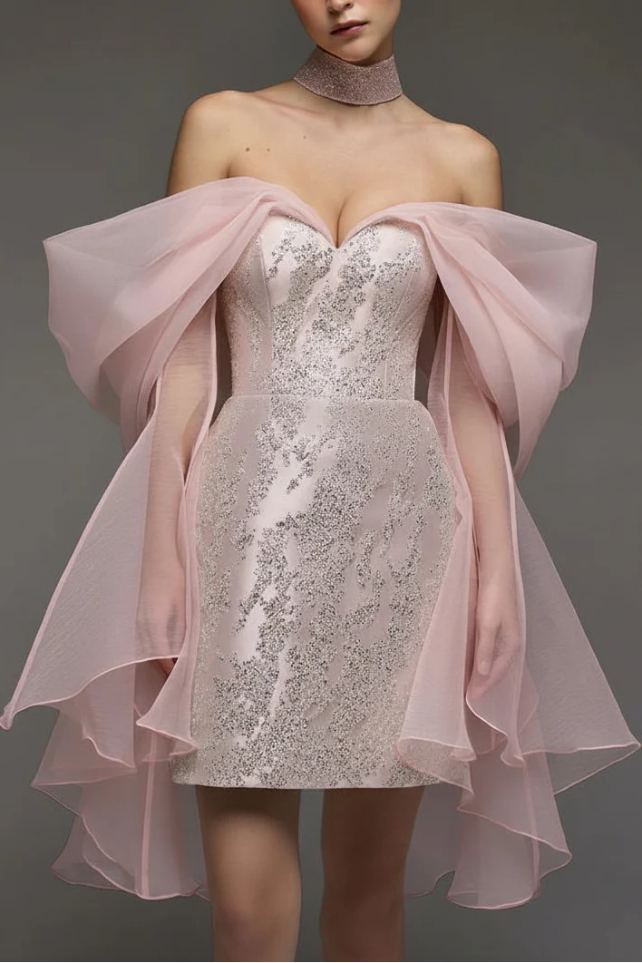 Sparkling Sequin Satin Sheath Sweetheart Off-the-Shoulder Open Back Short Homecoming Dresses