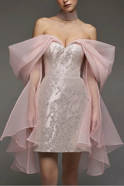 Sparkling Sequin Satin Sheath Sweetheart Off-the-Shoulder Open Back Short Homecoming Dresses