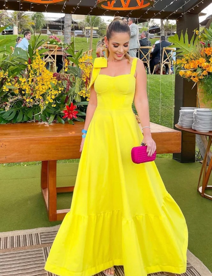 Square Neck Bow Back Ruffled Hem A-Line Floor-Length Evening Dress