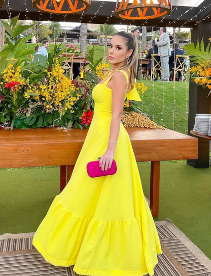 Square Neck Bow Back Ruffled Hem A-Line Floor-Length Evening Dress