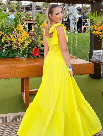 Square Neck Bow Back Ruffled Hem A-Line Floor-Length Evening Dress