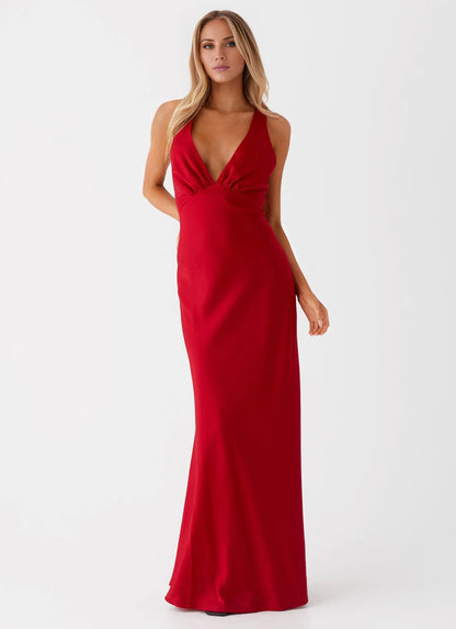 Streamlined V-Neck Sleeveless Cross-Back Mermaid Floor-Length Prom Dress