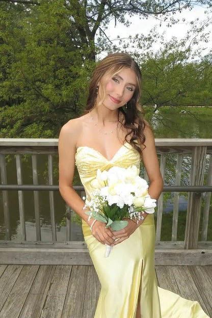 Sweetheart Strapless Beaded Satin Prom Dress Lace Up Back High Slit Train Formal Evening Gown