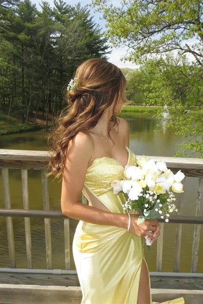 Sweetheart Strapless Beaded Satin Prom Dress Lace Up Back High Slit Train Formal Evening Gown
