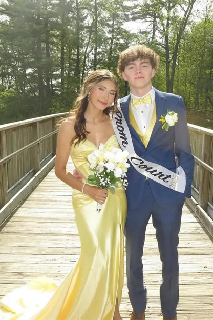 Sweetheart Strapless Beaded Satin Prom Dress Lace Up Back High Slit Train Formal Evening Gown