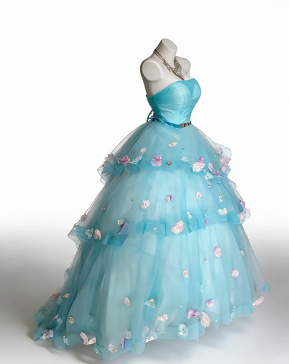 Sweet Blue Strapless Ball Gown Tulle Appliques Layered Birthday Quinceanera Dress SP2033