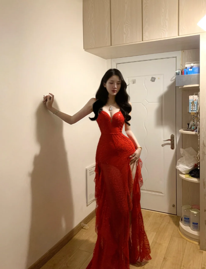 Sexy Spaghetti Straps Red Sequin Ruffle Long Evening Dress Formal Prom Gown