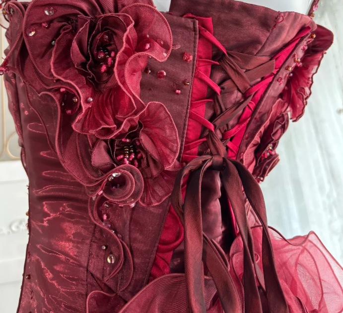 Charming Burgundy One Shoulder Beaded Satin Pleated Flowers Mermaid Long Birthday Prom Dress Party Gown SP1469