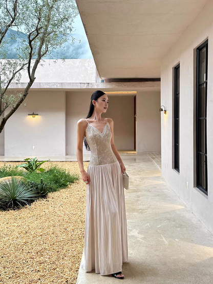 Unique Apricot Spaghetti Straps V Neck Lace Satin A Line Long Evening Dress Party Gown