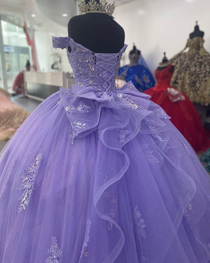 Off The Shoulder Lilac Corset Quinceanera Dress Ball Gown,Appliques Lace Birthday Dress  Y789