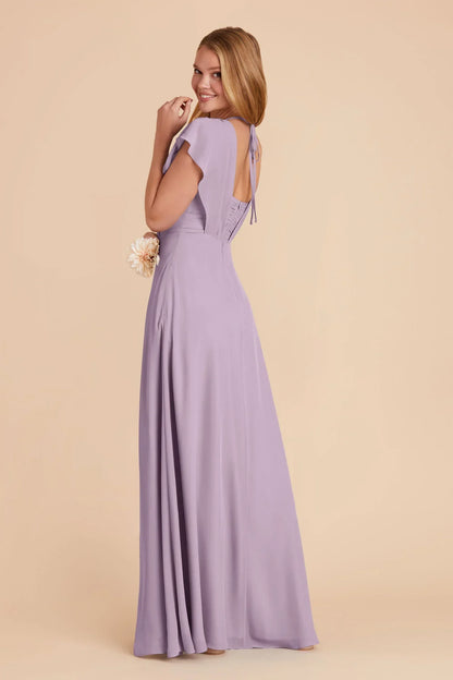 V Neck Flutter Sleeve Chiffon Bridesmaid Dress Back Tie High Slit A Line Floor Length Plus Size Wedding Guest Gown