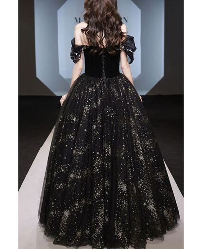 Classy Off Shoulder Black Tulle Sequins Ball Gown Gothic A Line Prom Dress cc2424
