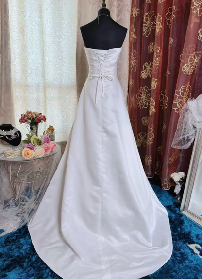 Elegant Strapless Satin Mermaid White Long Wedding Dress Bridal Dress SP1953