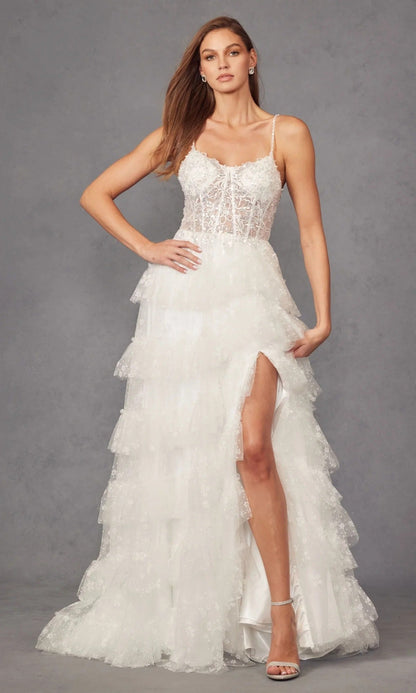White Floral Tulle Tiered Gown with Sheer Corset Bodice and Slit