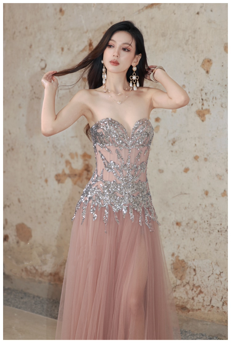 Pretty Pink Sweetheart Neck Tulle Sequin A Line Slit Long Evening Dress Party Gown