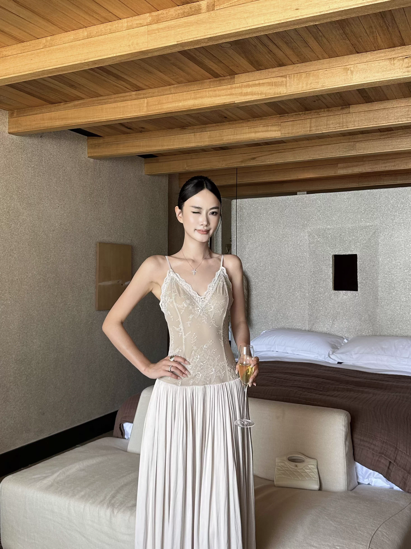 Unique Apricot Spaghetti Straps V Neck Lace Satin A Line Long Evening Dress Party Gown