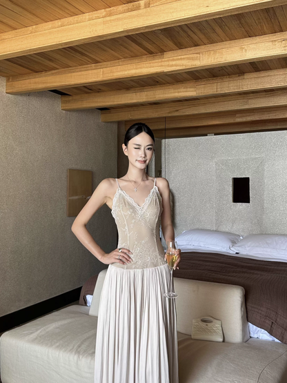 Unique Apricot Spaghetti Straps V Neck Lace Satin A Line Long Evening Dress Party Gown