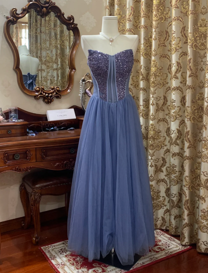 Classy Blue Strapless Tulle Sequin Beaded A Line Long Birthday Party Dress Evening Dress SP1610