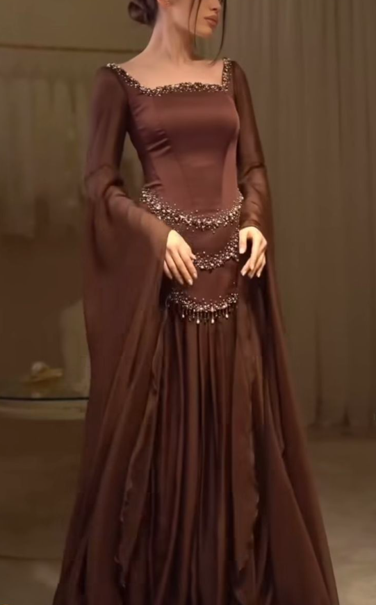 Vintage Square Neck Brown Satin Chiffon Beaded Mermaid Evening Dress Long Prom Gown